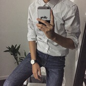 韩国经典 复古条纹商务修身 方领衬衫 LLUO 百搭春季 职业衬衣男潮