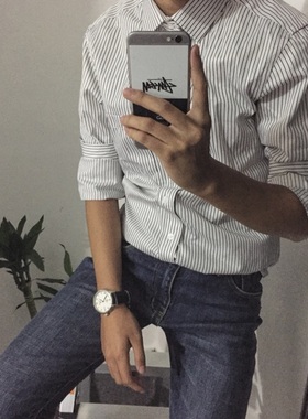 LLUO / 韩国经典复古条纹商务修身方领衬衫百搭春季职业衬衣男潮