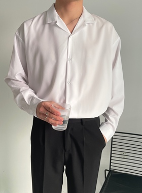 免烫垂感衬衫男长袖韩版高级雪纺学院气质复古免烫古巴领宽松衬衫