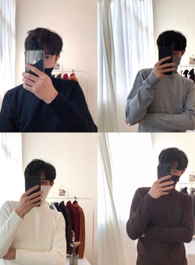 男士修身打底衫冬季加绒加厚线衫高领毛衣纯色针织衫长袖韩版男装