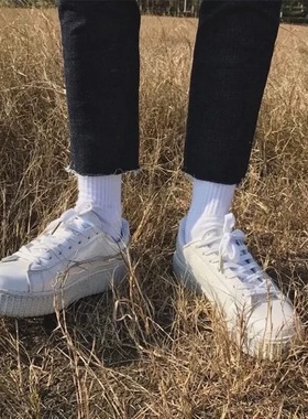 罗同学|四季款增高松糕厚底男女鞋白色松糕鞋圆头系带情侣低帮鞋