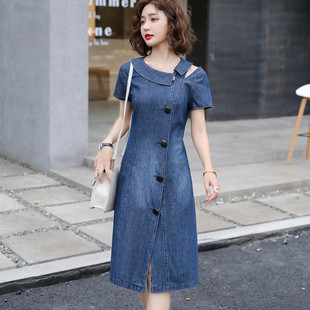 中長(zhǎng)款 牛仔連衣裙女2025新款 夏裝 短袖 收腰顯瘦氣質(zhì)減齡遮肚裙子薄