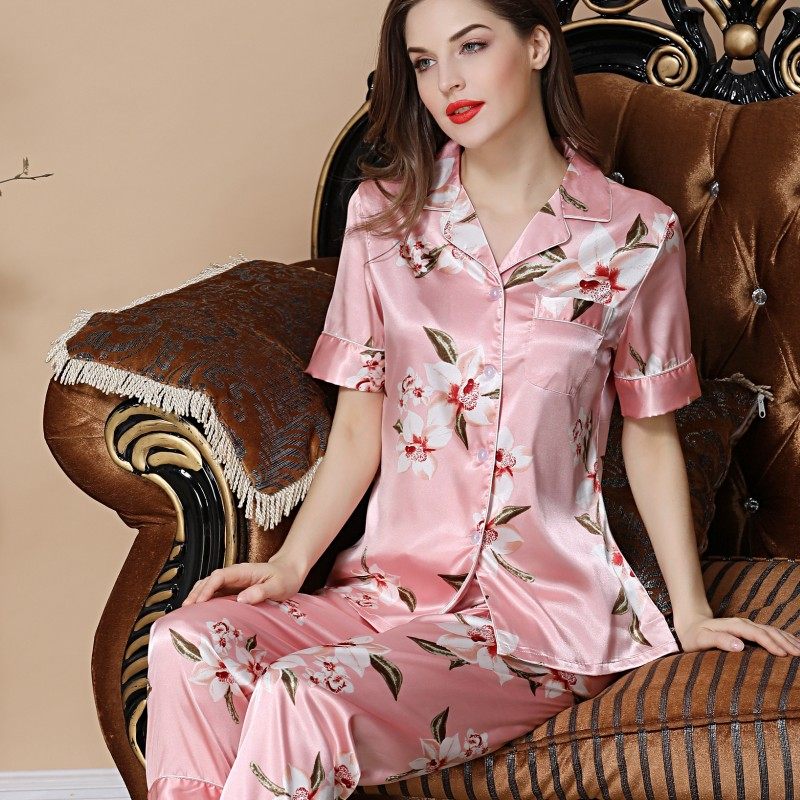 睡衣女冰丝睡衣夏天仿真丝绸睡衣短袖长裤丝绸家居服大码睡衣套装