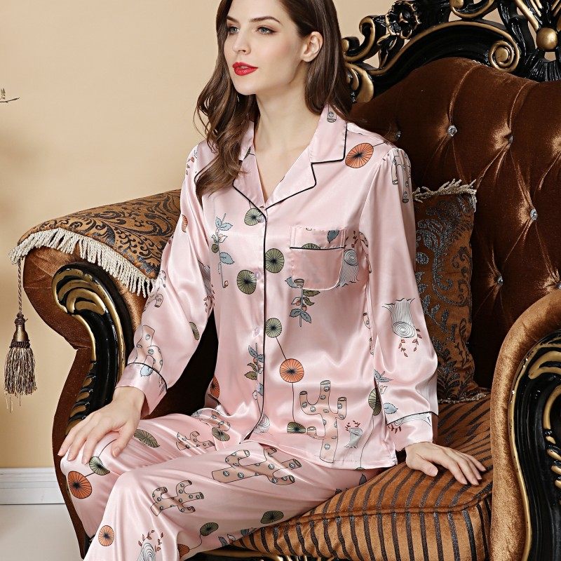 睡衣女秋冰丝睡衣长袖长裤大码丝绸家居服仿真丝绸睡衣套装女睡衣