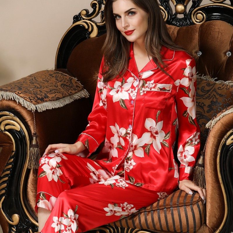 睡衣女冰丝睡衣春夏秋长袖长裤仿真丝绸睡衣套装丝绸家居服女睡衣