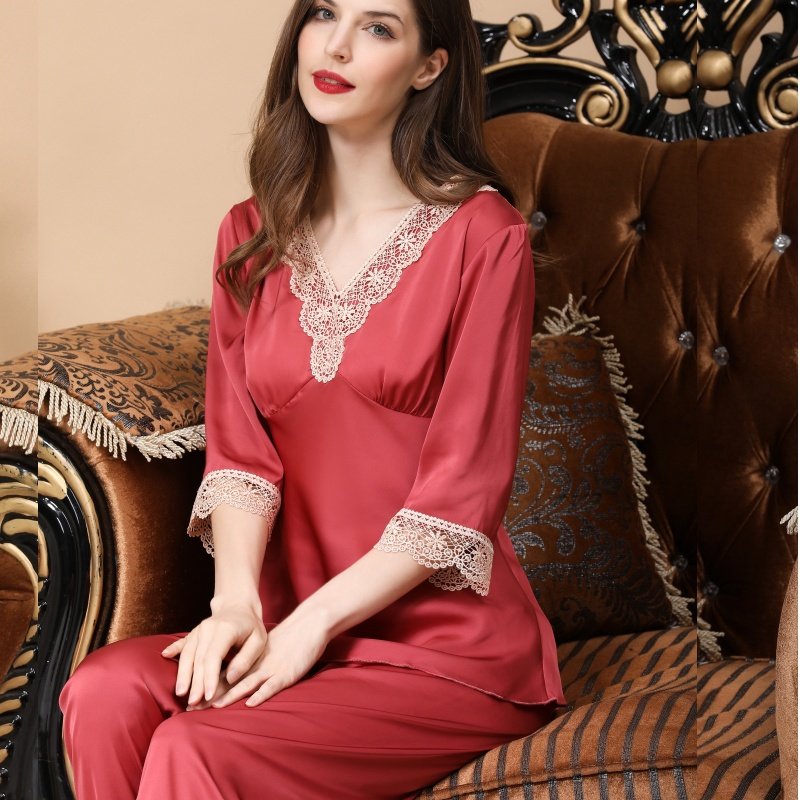 睡衣女冰丝睡衣春秋冬长袖仿真丝绸睡衣套装大码丝绸家居服女睡衣