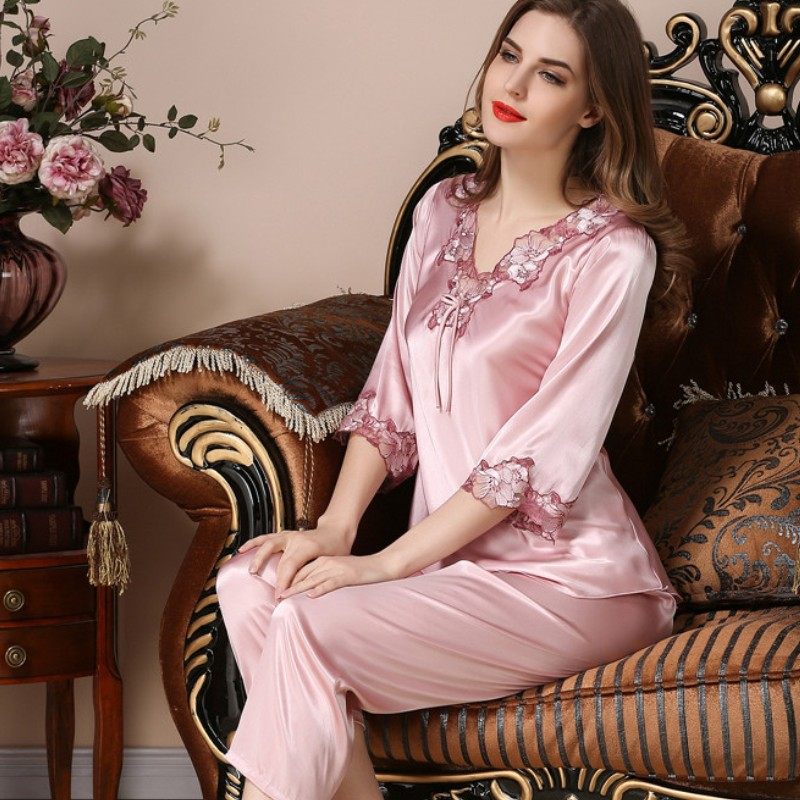 睡衣女冰丝睡衣长袖长裤宽松休闲仿真丝绸睡衣套装大码丝绸家居服