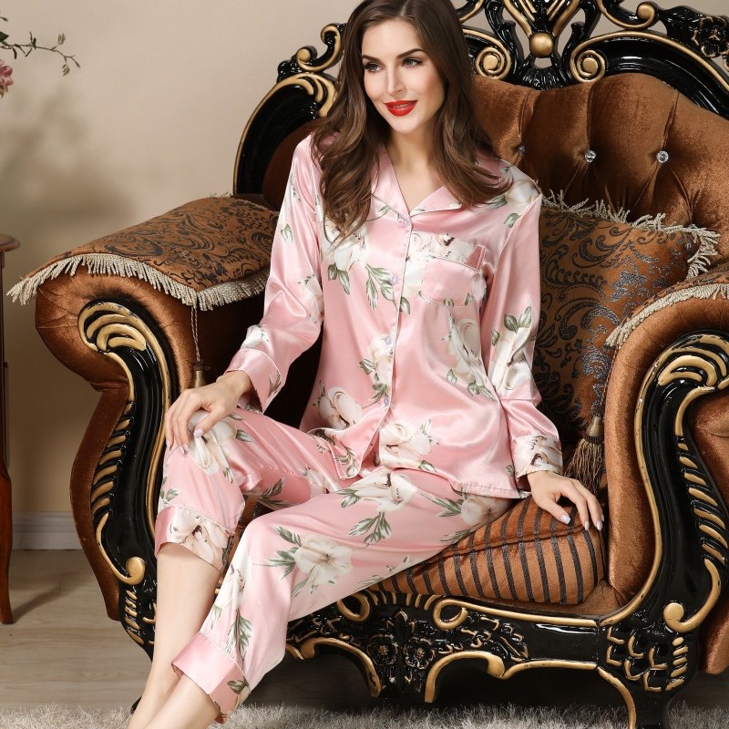 2019春夏新款纺真丝睡衣女冰丝纯色长袖睡衣套装女丝绸大码家居服在类目 女士内衣/男士内衣/家居服, 睡衣/家居服套装中 - 来自Buy2taobao.com提供专业的淘宝代购服务