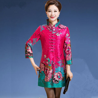 中老年春夏真丝连衣裙褶皱妈妈装