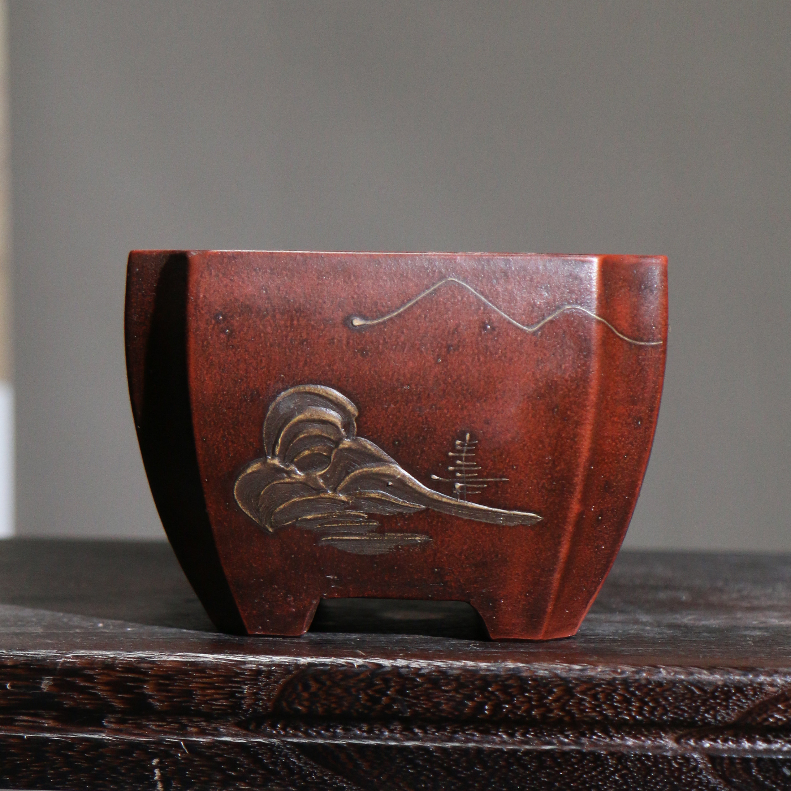 紫砂花盆景盆手工泥绘四方正方多肉菖蒲文竹有孔口10