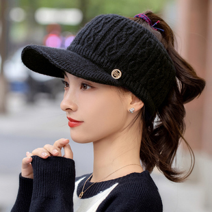 帽子女冬天骑行针织护耳马尾鸭舌帽时尚百搭保暖空顶无顶毛线帽潮
