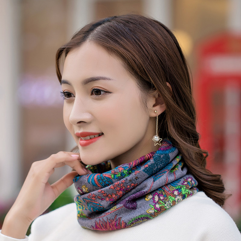 带带鱼秋冬女士民族风花朵围脖两用户外女韩版潮防风保暖脖套