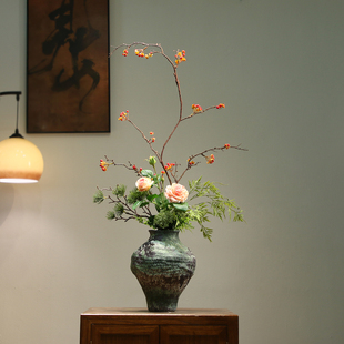 中古侘寂风陶瓷花瓶新中式仿真假花插客厅装饰品酒店玄关茶室摆件