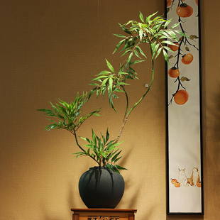 仿真黄天竺绿植室内盆栽中古风摆件十大功劳假树玄关桌面装饰盆景