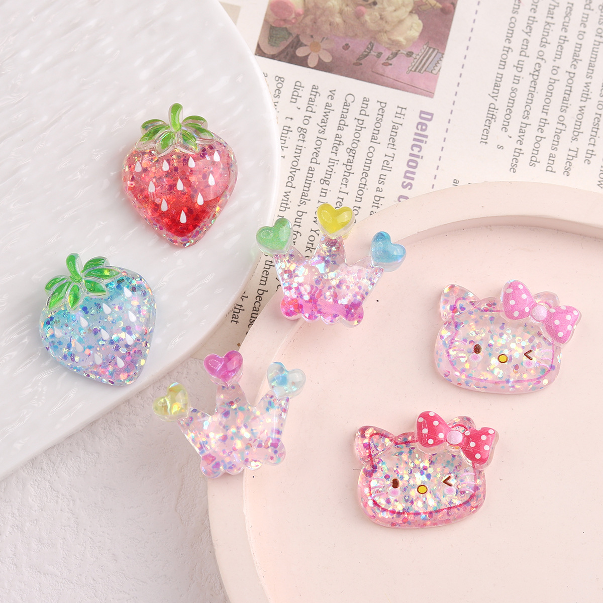 卡通diy树脂配件跨境饰品细闪草莓奶油胶手工发夹手机壳鞋扣配饰