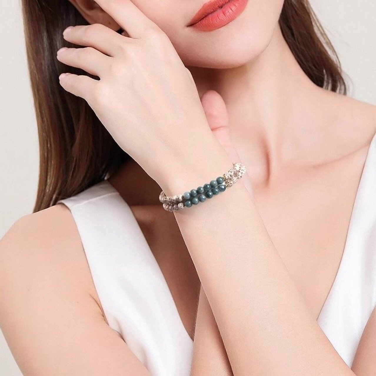 天山翠拼星月菩提手链女小众简约碧玺南瓜珠手串东陵玉手饰