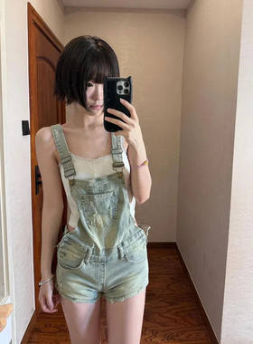 复古y2k辣妹水洗牛仔背带短裤