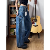 女2025秋季 新款 小众宽松显瘦百搭阔腿工装 字母刺绣弯刀牛仔裤 长裤