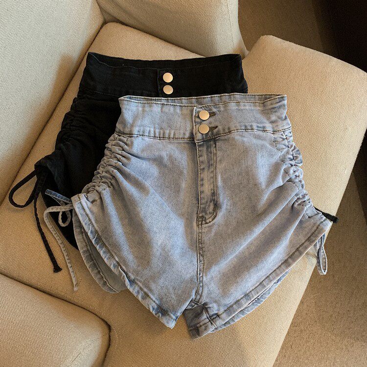 HOT GIRL DENIM SHORTS WOMENS SUMMER 2023 NEW DESIGN SENSE DRAWSTRING SLIMMING HIGH WAIST WIDE LEG PANTS A WORD HOT PANTS