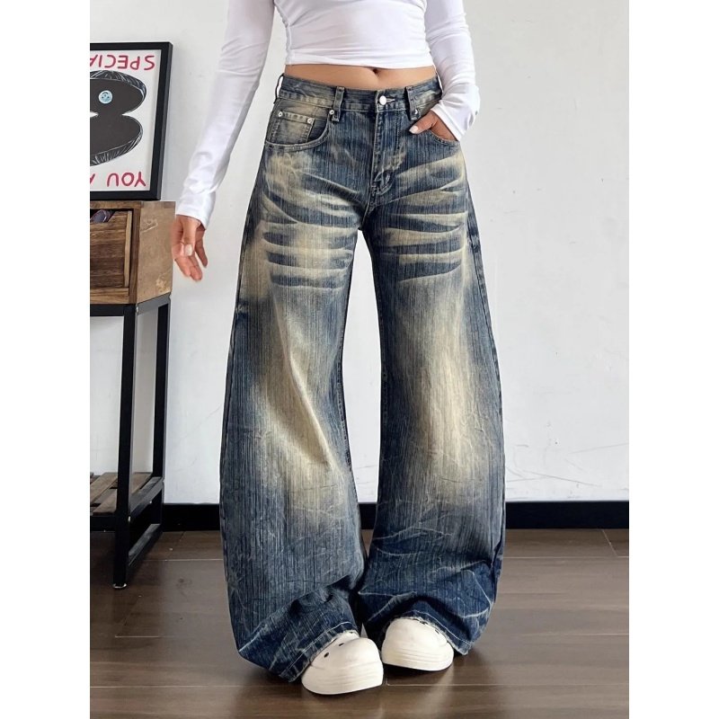 美式复古水洗cleanfit弯刀牛仔裤女2026年春季宽松阔腿拖地休闲裤,女装/女士精品,牛仔裤,淘宝优惠券,粉丝福利购,淘宝优惠卷