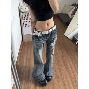 复古褶皱水洗低腰直筒牛仔裤女破洞装饰做旧磨白显瘦垂顺拖地长裤