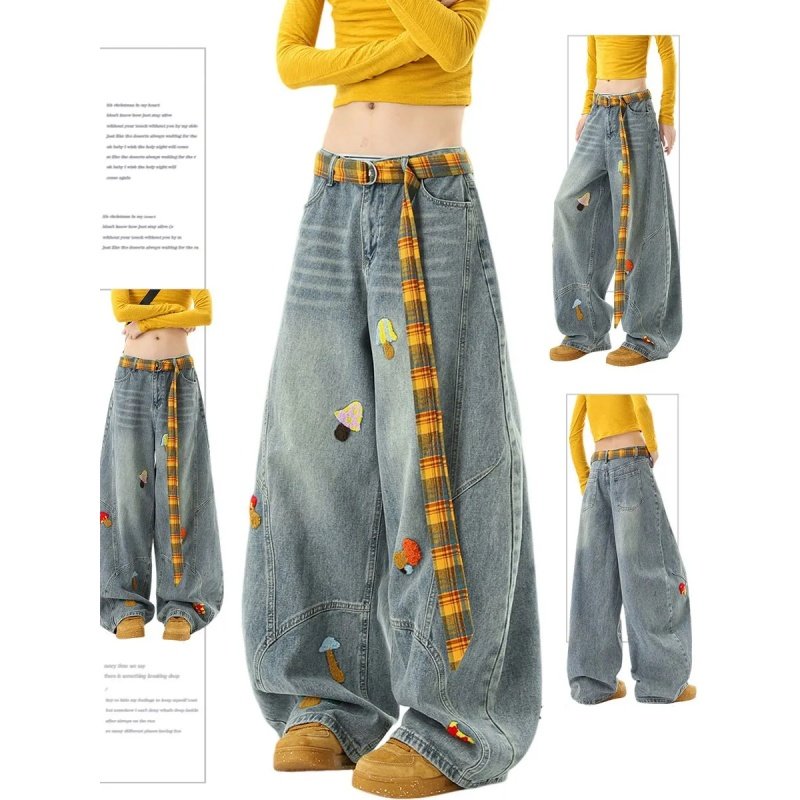 美式复古毛巾绣弯刀牛仔裤女2025秋季设计感宽松垂感阔腿镰刀裤子,女装/女士精品,牛仔裤,淘宝优惠券,粉丝福利购,淘宝优惠卷