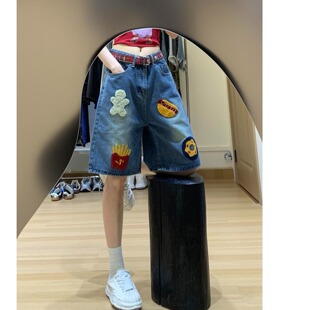 原宿风bf刺绣印花五分裤女高街宽松休闲百搭阔腿过膝短牛仔裤潮