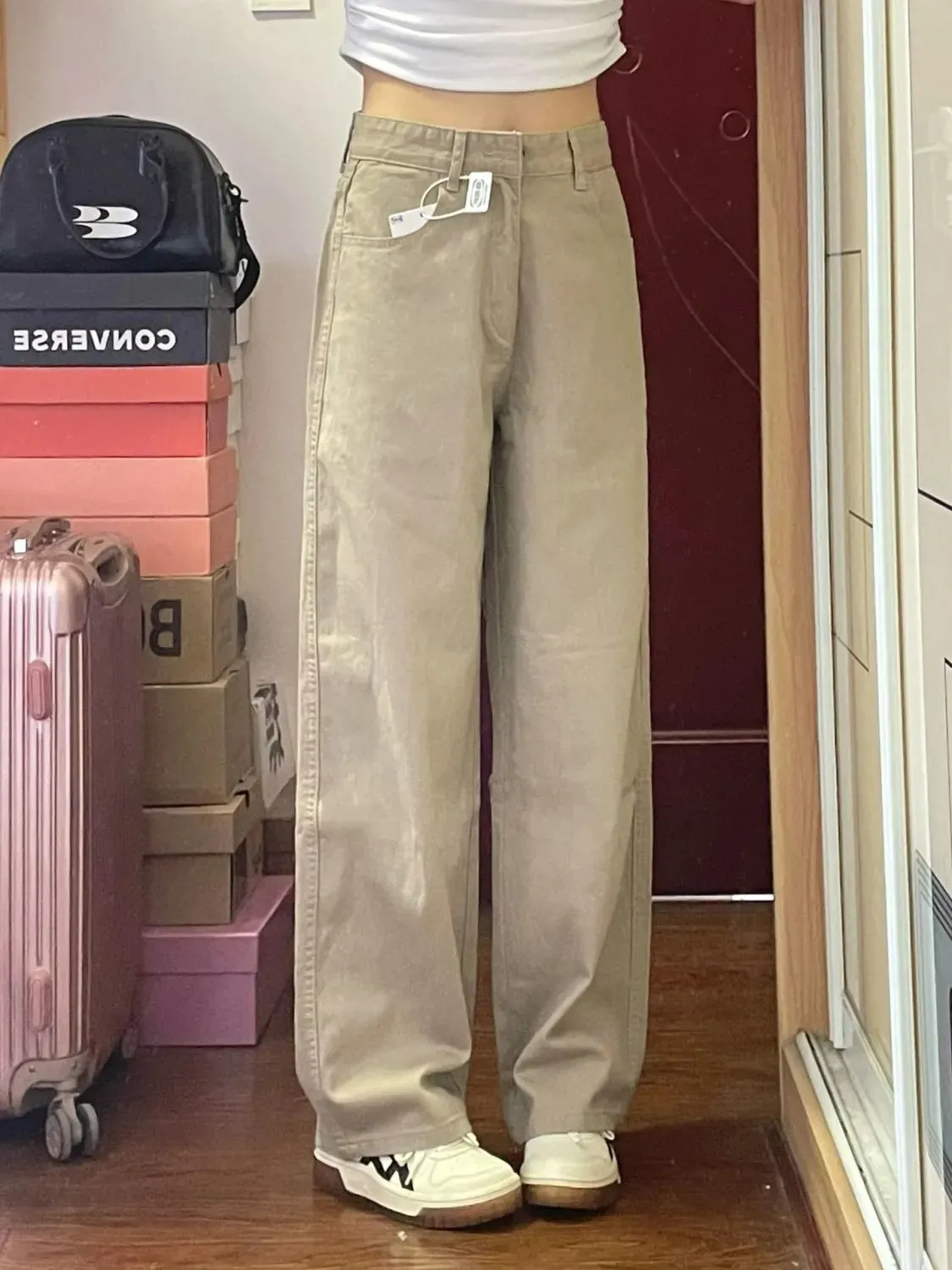 卡其色牛仔裤女秋季新款休闲直筒阔腿裤设计感小众高腰拖地长裤子