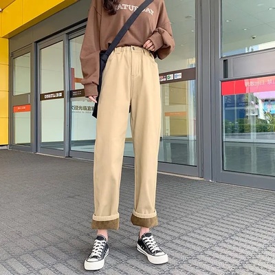 松紧腰直筒加绒牛仔裤女秋冬梨形