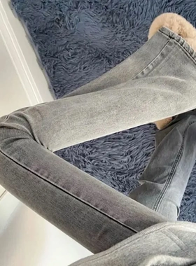 辣妹做旧灰色微喇牛仔裤女ins高街直筒弹力修身显瘦马蹄拖地长裤