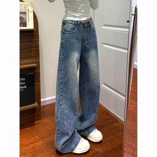 重工设计满天星烫钻牛仔裤女春季新款高腰宽松显瘦辣妹阔腿拖地裤
