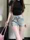 复古设计感小众高腰显瘦辣妹A字热裤 女2024夏季 高街牛仔短裤 美式