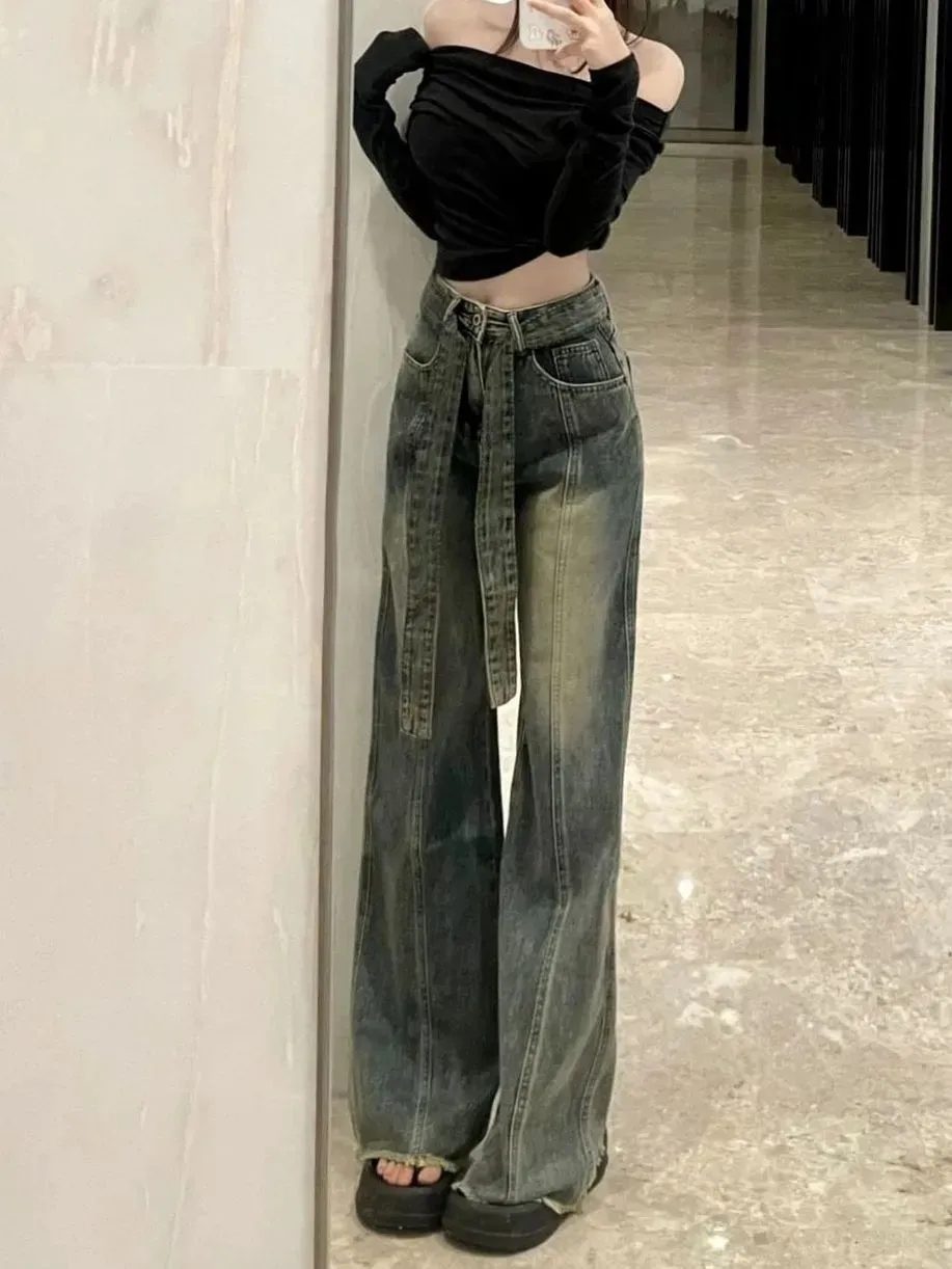 秋季复古绑带毛边拖地牛仔裤女新款直筒百搭显瘦宽松阔腿长裤子潮