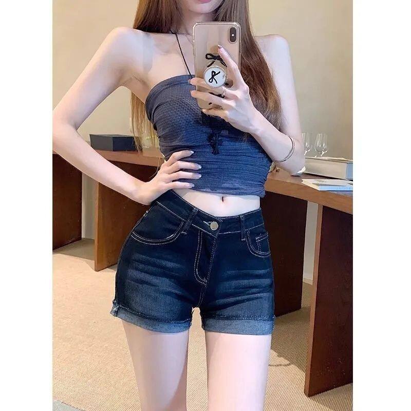深蓝色夏季新款高腰休闲直筒牛仔超短裤女百搭辣妹卷边设计感热裤