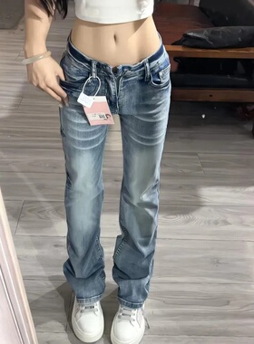 美式辣妹蓝色潮酷设计感低腰窄版直筒牛仔裤女秋冬新款显瘦百搭裤