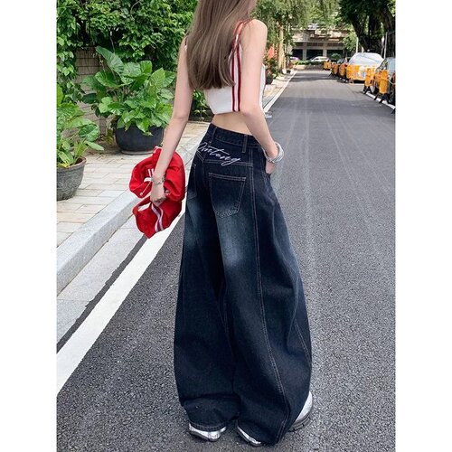 美式复古刺绣弯刀牛仔裤女秋季2025新款高腰阔腿宽松直筒镰刀裤子