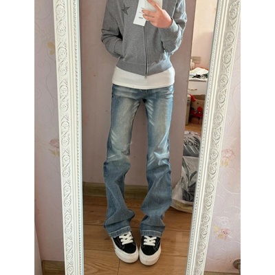 美式复古小众辣妹低腰窄版直筒牛仔裤女秋季修身显瘦百搭微喇叭裤