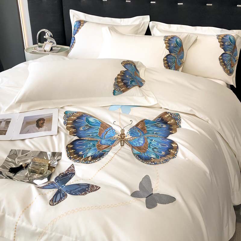 恒源祥50双股轻奢绣花四件套蝶之恋床单式全棉单双人家用床上用品