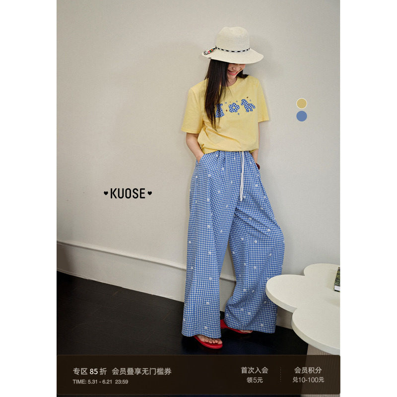 阔色蓝色格子刺绣直筒休闲裤女2026夏季新款黄色高腰阔腿长裤子
