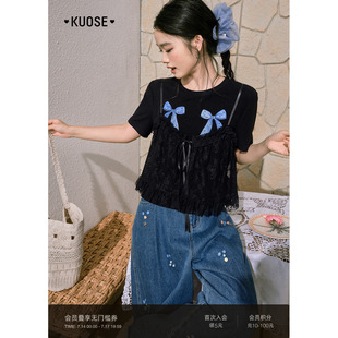阔色黑色蝴蝶结印花t恤两件套装女26夏季新款叠搭蕾丝吊带背心春