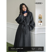 阔色深灰色收腰长款 羊毛呢子大衣女2025秋冬黑色西装 双面毛呢外套