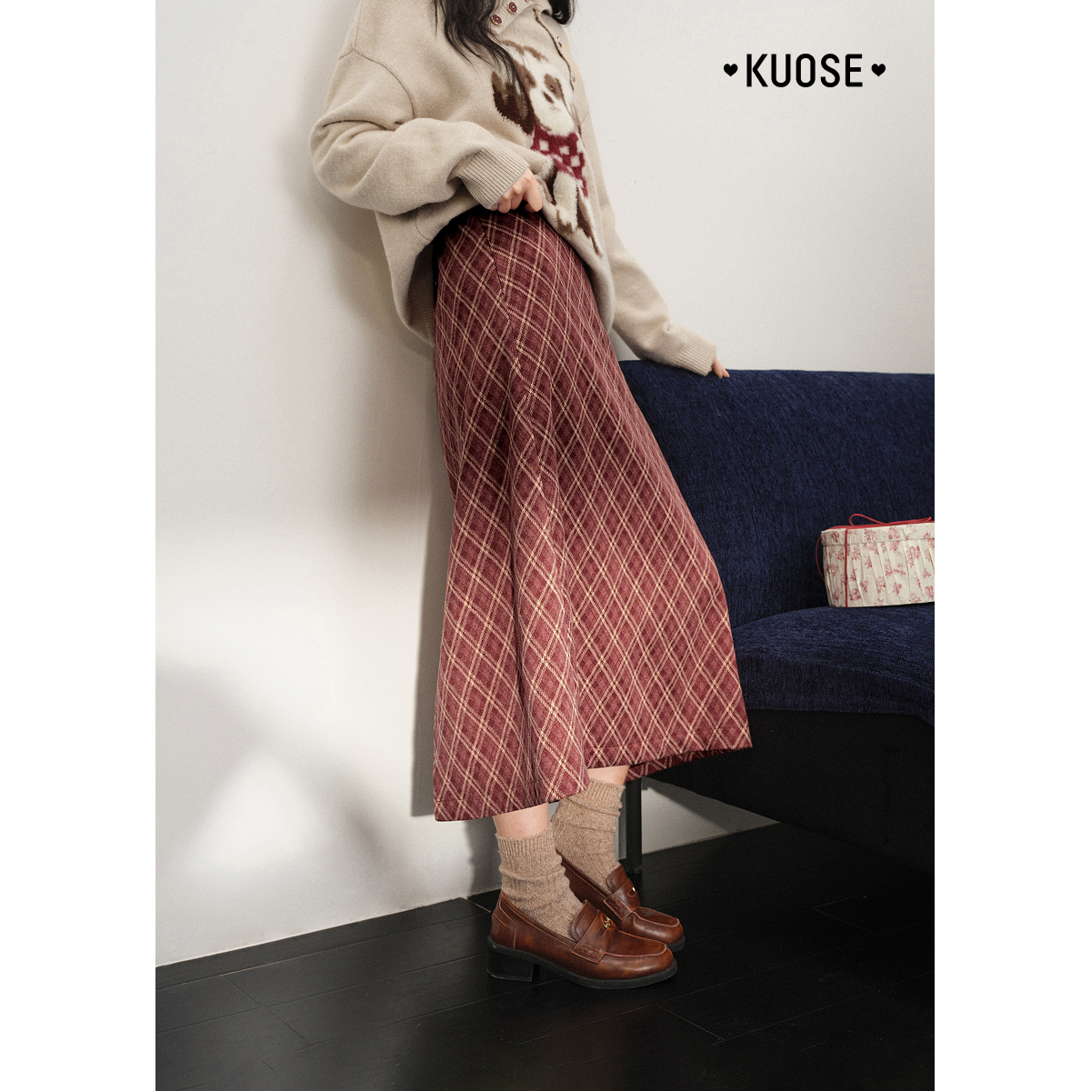 桔红色复古格子裙a字裙长半裙