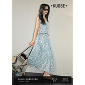 阔色蓝白色无袖 气质长裙子 新款 V领碎花背心连衣裙女装 2025春夏季