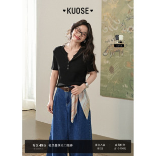 针织衫 新款 阔色黑色气质v领短袖 T恤女2025初夏季 上衣 显瘦修身 短款