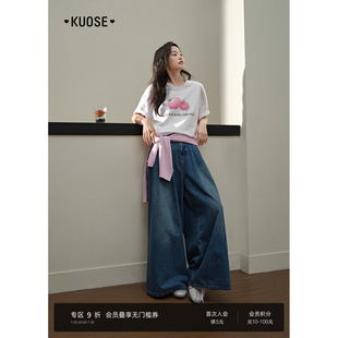 新款 女2025春夏季 穿搭高腰宽松直筒休闲 复古阔腿牛仔裤 阔色美式