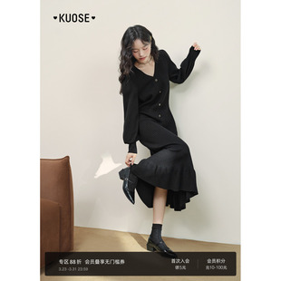 毛衣小黑裙子 长袖 阔色黑色v领内搭打底针织连衣裙女25秋冬季 新款