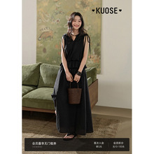 阔色黑色无袖V领背心连衣裙女装2025春夏季新款收腰气质显瘦裙子