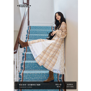 女长裙子 新款 阔色气质蕾丝格子裙方领长袖 收腰连衣裙25秋冬季