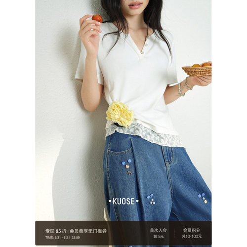 法式v领蕾丝拼接白色上衣