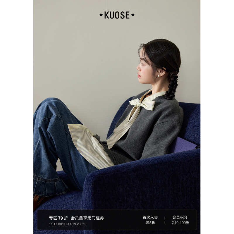 学院风蝴蝶结长袖针织衫女